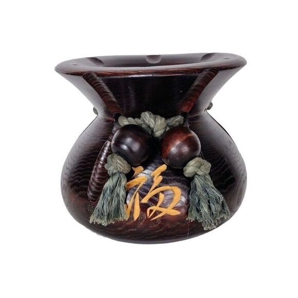 Vintage Blessing Bag Vase Solid Wood Alter Incense Offering Bowl Pot Cauldron - Picture 4 of 8